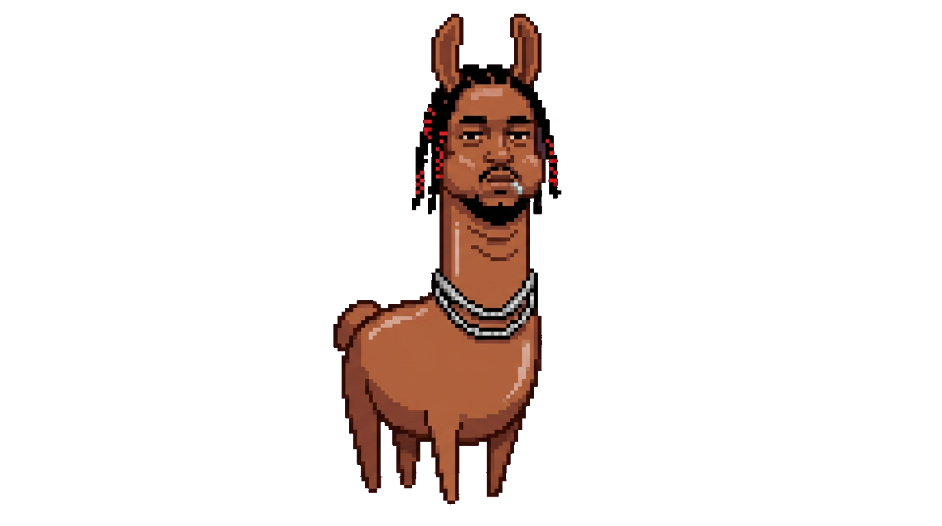 Pixel-art llama with Kendrick Lamar's face, braids and chains, standing at a microphone